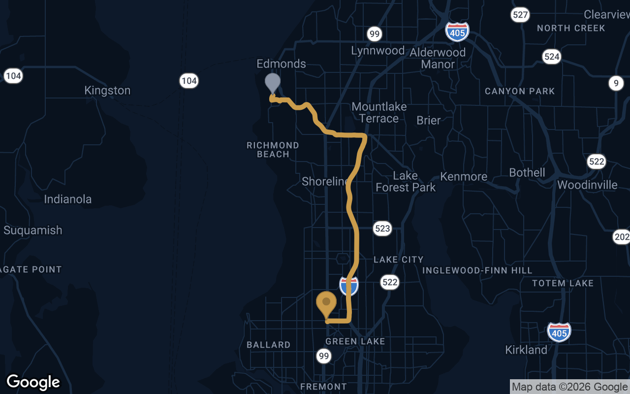 Driving route from Woodway to Derek's Auto Detail on Aurora Ave N